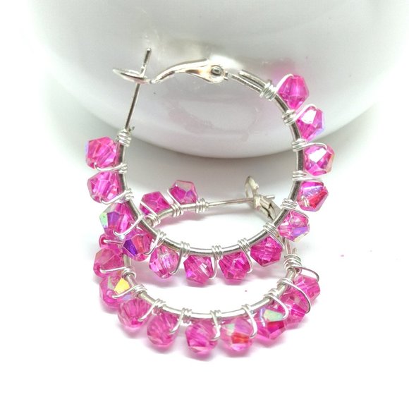 Swarovski Crystals Wire Wrapped on Silver Plated Hoops - Picture 1 of 4